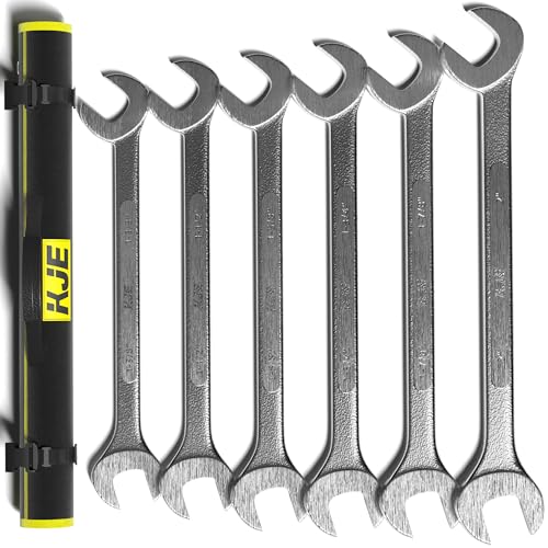 KJE 6PCS SAE 1 3/8 to 2 Jumbo Angle Wrench Set Large Big Wrench Set 15 & 60 Angled Heads High Carbon Steel with Sandblasted Chrome & Storage Bag for Heavy-Duty Mechanics & Automotive & Truck