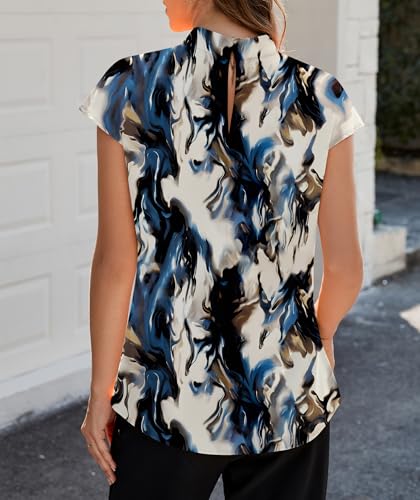 Image of Funlingo Womens Summer Tops Mock Neck Short Cap Sleeve Blouses Business Casual Work Chiffon Shirts Front Pleated Tunic Top