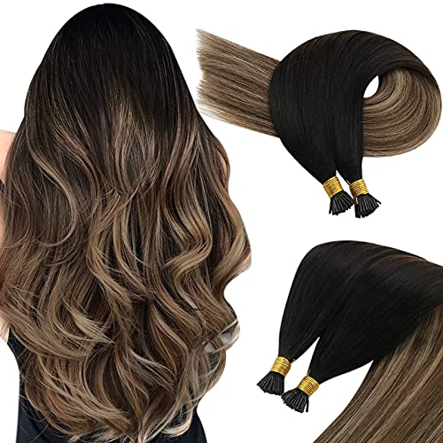 Sunny 24inch Human Hair I Tip Extensions Ombre 1g s 50strand 50gram Ombre Black Fading to Dark Brown Highlighted Blonde Pre Bonded Hair Extensions Real Human Hair
