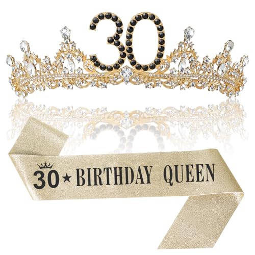 Uiorgui 30th Birthday Crown and Sash for Her 30 Tiara Headband Black Gold 30th Birthday Decorations for Women 30 Year Old Gifts Favors for Female Friends Daughter Sister Wife