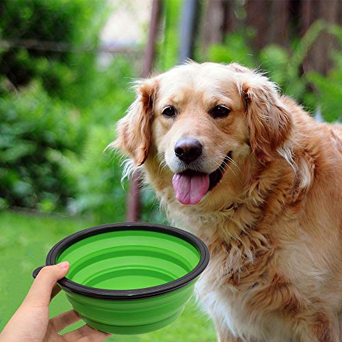 Image of SLSON Collapsible Dog Bowl, 2 Pack Collapsible Water Bowls for Cats Dogs, Portable Pet Feeding Watering Dish for Walking Parking Traveling with 2 Carabiners (Large, Green+Purple),Silicone,15X5X5 Cm