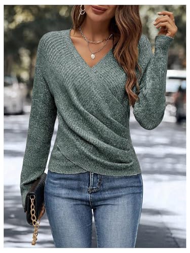 Image of SOLY HUX Women's V Neck Long Sleeve Off Shoulder Sweaters Criss Cross Wrap Ruched Pullover Fall Tops
