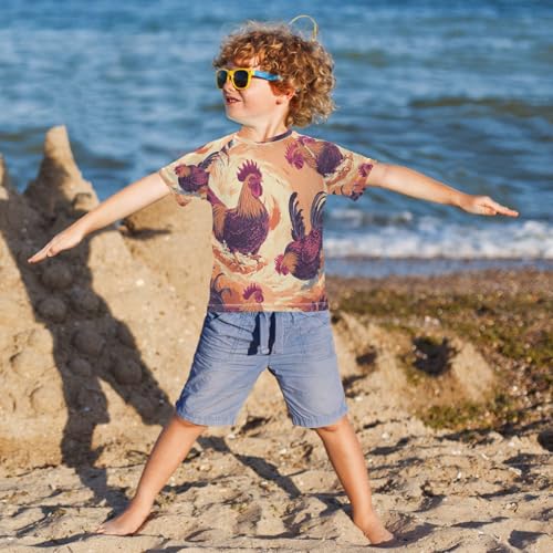 Boys Short Sleeve T-Shirts Rooster Retro Animal Rashguard Kids Swim Shirts Sun UPF 50+4