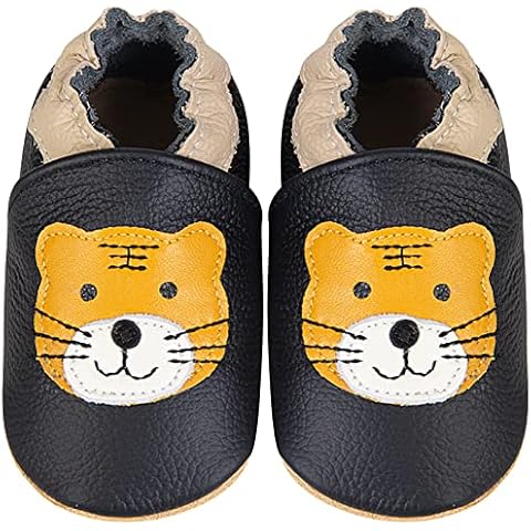 IceUnicorn Krabbelschuhe Baby Lauflernschuhe Jungen Mädchen Weicher Leder Babyhausschuhe Kleinkind rutschfeste Lederschuhe Baby(Schwarzer Tiger, 6-12 Monate) Cover