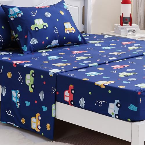Image of Ocharo Twin Sheets Set Kids - Soft Car Bed Sheets Boys 3 Pieces - Deep Pockets, Breathable Car Bedding Sets Navy Blue for Boys Toddlers Kids