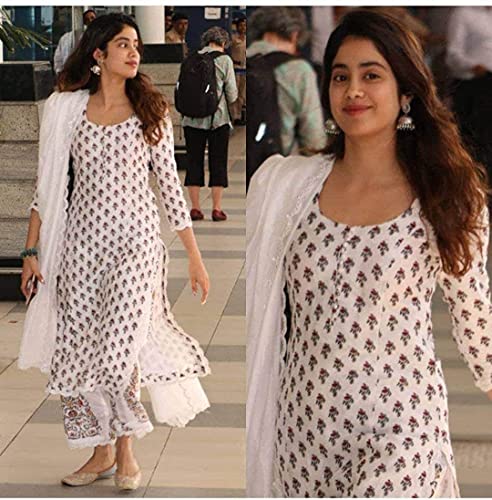 Image of GoSriKi Women's Pure Cotton Straight Printed Kurta, Palazzos & Dupatta (JANHVI-WHITE-02 GO)
