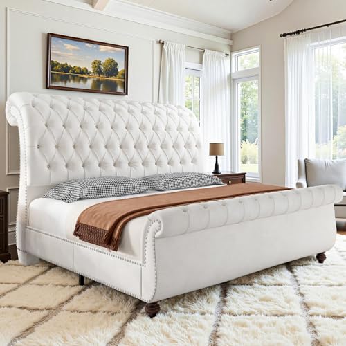 AMERLIFE 55 Tall Sleigh Bed Frame with Scroll Headboard & Footboard Velvet Upholstered Platform Bed with Deep Button Tufted Solid Wood Legs No Box Spring Needed White Queen