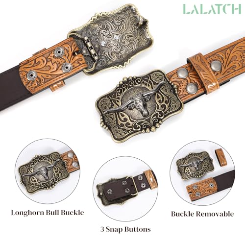 Image of Cowboy Cowgirl Belt Western Belts for Men Women Floral Engraved Longhorn Bull Buckle Belt for Jeans