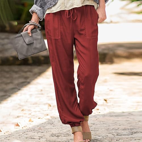Straight Leg Linen Pants for Women Ankle Length Lightweight Summer Beach Trosuers Casual Elastic Waist Travel Pants3