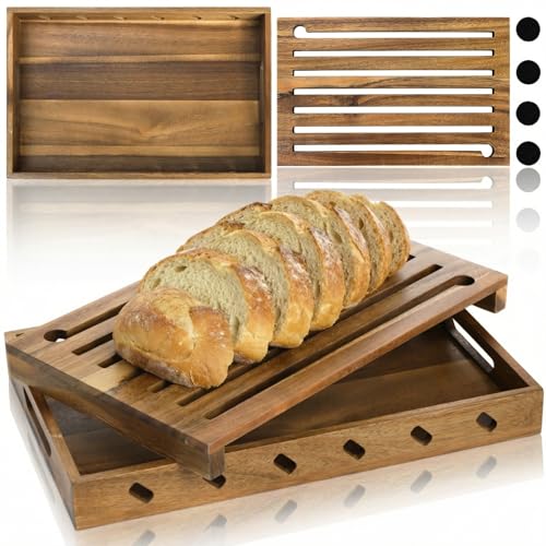 Goaste Wood Bread Cutting Board with Crumb Catcher, 15 Inch Bread Slicer Board with Crumb Holder Tray, Premium Natural Chopping Board for Bagels Sourdough Homemade Loaves, Double as Bread Serving Tray