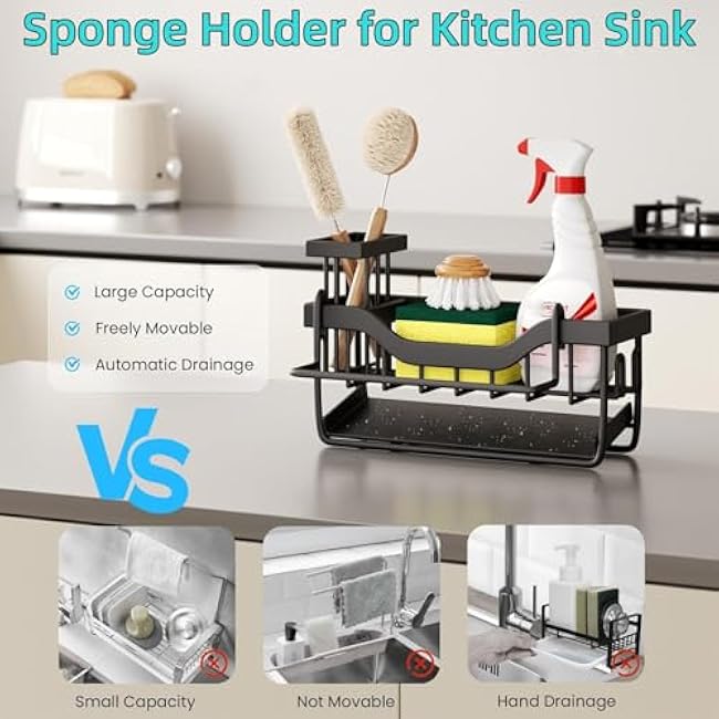 Sponge Holder for Kitchen Sink with Auto Draining Tray,Kitchen Sink Caddy Organizer with Rag Holder, Rustproof Stainless Steel Kitchen Organizers Soap Dispenser Storage Organize