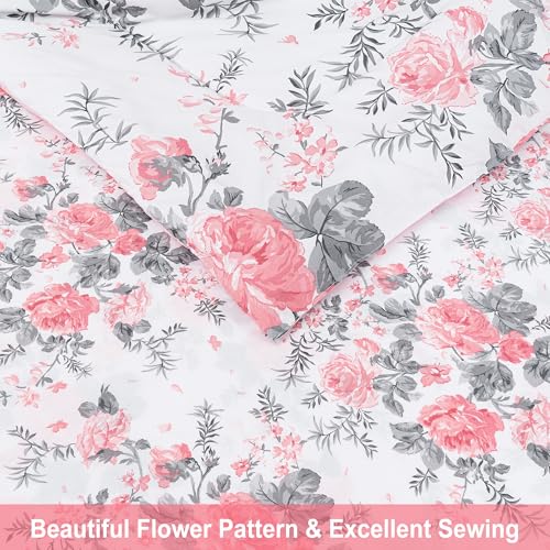 Image of lasoftan Floral King Comforter Set with Sheets, 7 piece Luxury Vintage Bedding, Soft Microfiber Bed in a Bag, Cozy Lightweight Bed Set, Pink Flower Grey Leaf