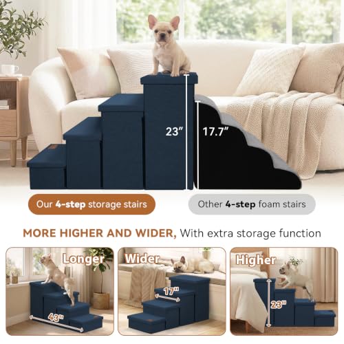 Image of Zerbuger Dog Stairs with Storage, Navy Blue 4 Steps Dog Ramp no Condo | 23 inch H Wider Dog Steps for High Beds Couch, Folding Storage Pet Stairs Gift for Climbing Small /Medium /Large Old Dogs Cats