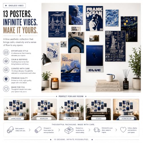 Image of 12 Piece Blue Aesthetic Poster Set | 300 GSM Multi-Sized Wall Posters with Adhesive Tape | Music, Ocean, Space & Vintage Art Prints for Bedroom, Room Decor, Home Decor, Living Room & Wall Art