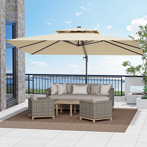 Mcadore 10x13 FT Patio Cantilever Umbrella, Outdoor Large Rectangular Double Top Heavy Duty Offset Umbrellas with 360° Rotation, Beige
