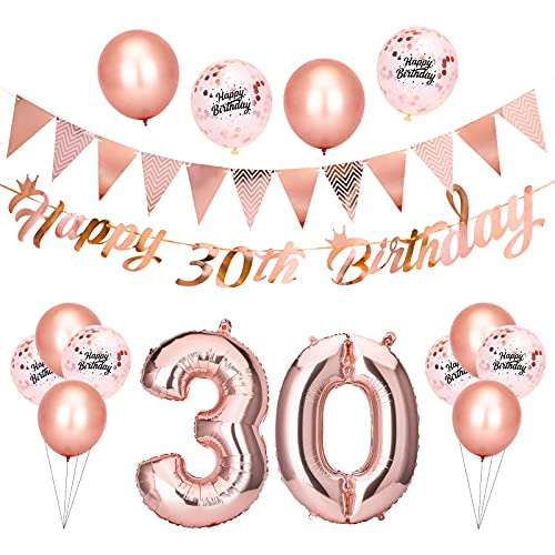 Beainfir 30th Birthday Decorations Set Include Rose Gold Happy 30th Birthday Banner Triangle Flag Banner Confetti Latex Balloons and Foil Balloons for Party Decoration Supplies for Girls and Boys