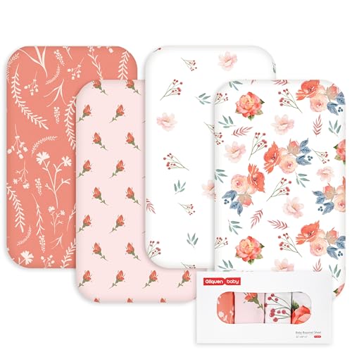 Image of Gllquen Baby Bedside Sleeper Sheets 33x20 Inch 4 Pack - Fitted Crib Mattress Covers, Ultra Soft Oeko-TEX Certified Bassinet Sheets for Girls Boys, Gift Ready Box for Baby Shower (Floral Reverie)