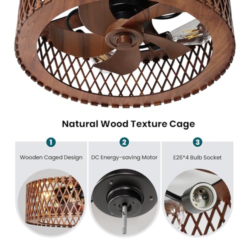 Image of 20 inch Flush Mount Ceiling Fan with Light, Wooden Caged Low Profile Fandelier with Remote, 6-Speed Reversible Bladeless Fan, Farmhouse Ceiling Fan for Bedroom, Kitchen, Living Room