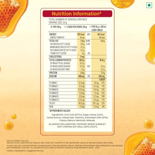 Image of Kellogg's Cornflakes Real, Honey | High In Iron, Vitamin B1, B2, B3, B6 & C | Naturally Cholesterol Free | Corn Flakes, Breakfast Cereal - 300Gm /345Gm (Pack of 3)