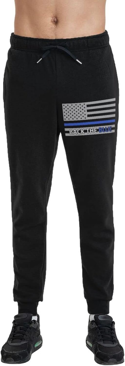 SEAEAGLE Back The Blue Police Line Flag Men's Pants Jogger Sweatpants Sports Training Running Cotton Adjustable Pockets