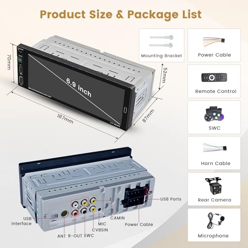 Hikity radio para auto 6.9 pulgadas con pantalla táctil miniatura 7