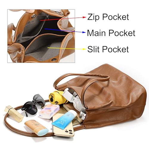 Image of YALUXE Women's Soft Genuine Leather Tote Bucket Bags Hobo Shoulder Bags Trendy Purse and Handbags