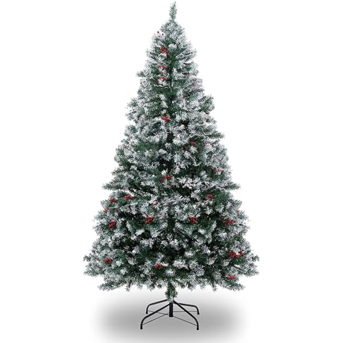 Sapin de Noël Artificiel Enneigé, 6ft/180 cm Sapin de Noël avec 1000 Enneigé Branches & Fruits Rouges de Noël, Support en Fer Robuste, pour Décorations de Fête Noël dans Maison, Magasin