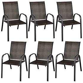 Tangkula Set of 6 Outdoor PE Wicker Stackable Chairs, Patio Dining Chairs with Sturdy Steel Frame, Outdoor Arm Chairs for Garden, Yard, Deck and Lawn (1, Mix Brown) 51BhIh2oNRL. SS280