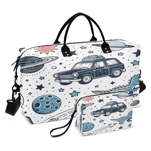 ​​Large Foldable Travel Duffel Bag, Waterproof Gym Bag for Men & Women, Carry-On Luggage Weekender Overnight Bag, Cute Planets Dino