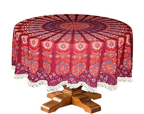 Image of RHF Dining Round Tablecloth 100% Cotton Multicolor Floral Bird Printed 4-6 Seater Round Table Cover with White Fringed Lace Border 75 inch (Maroon- Multi)