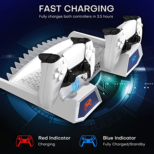 PS5 Ständer mit Ventilator, PS5 Standfuß mit Dual Controller Ladestation für PS5 Console, PS5 Zubehörhalterung mit Kühlung, Dual Controller Ladestation, Headset Halterung, 15 Spiele Aufbewahrung, Weiß - Image 6