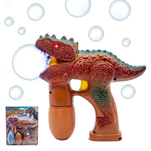 Fun Central LED Brown Dinosaur Bubble Machine - Light Up Bubble Gun Blower for Kids with 2 Bubble Solution - Brown