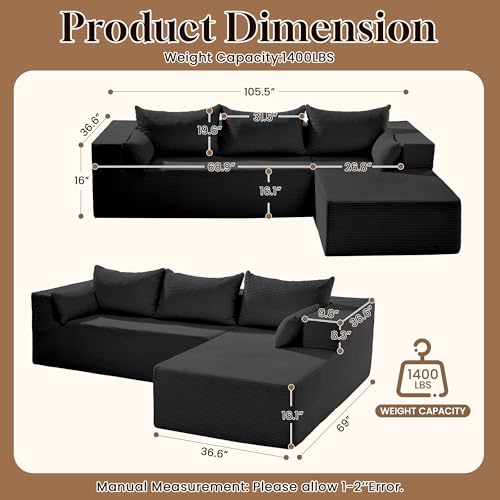 Image of GRUSIGN106 Cloud Sectional Boneless Couch for Living Room, Modular L Shaped Couches with Oversized Right Facing Chaise, Memory Foam Compressed Spineless Deep Seat 3 Seater Sofa for Apartment, Black