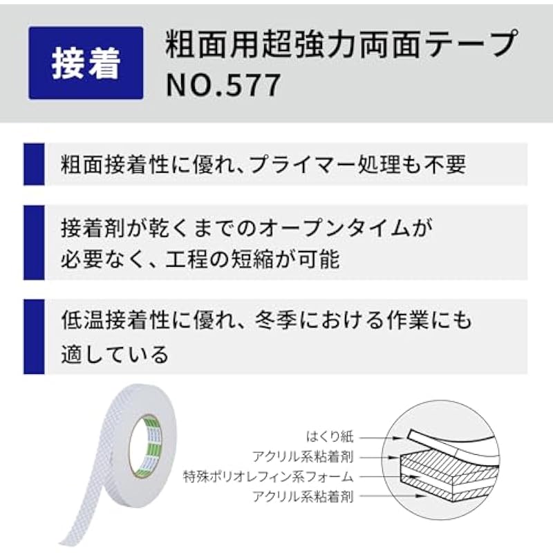 NITOMS 슈퍼 강한 양면 테이프 No.577 실외 거친 표면 건축 자재 금속 플라스틱 폭 20mm x 길이 10m 표면의 경우 상세이미지 2