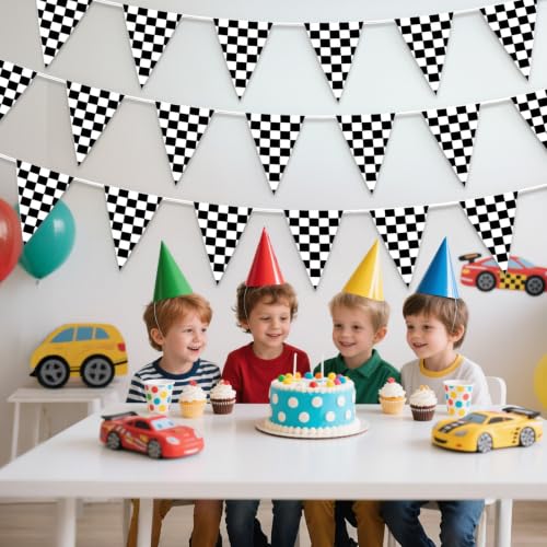Image of Piokio 10 Meters Black and White Checkered Flag Banner - Racing Flags for Nascar Cars Birthday Party Decorations Supplies