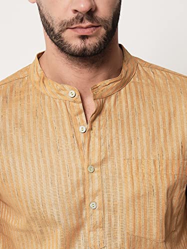 Image of Vastraa Fusion Men's Handloom Weaving Pure Cotton Short Kurta, Round Collar, Full Sleeves,Button Kurta, Ethnic Wear