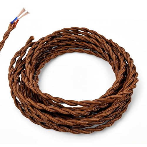 5m Câble Textile Électrique Torsadé Vintage, Fil Électrique en Tissu 2 Fils (2x0.75mm²) en Cuivre Pur, Certifié VDE Double Isolation pour Suspension...