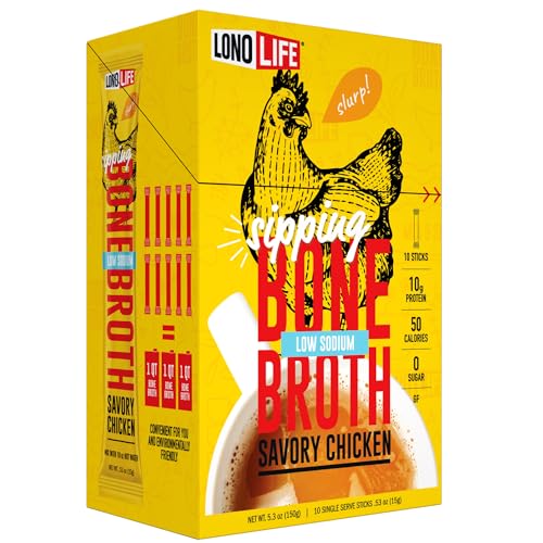 LonoLife Low Sodium Chicken Bone Broth Powder Mix | 10g Protein | Collagen-Rich, Keto & Paleo Friendly | Natural Ingredients | 10 Portable Stick Pack Servings