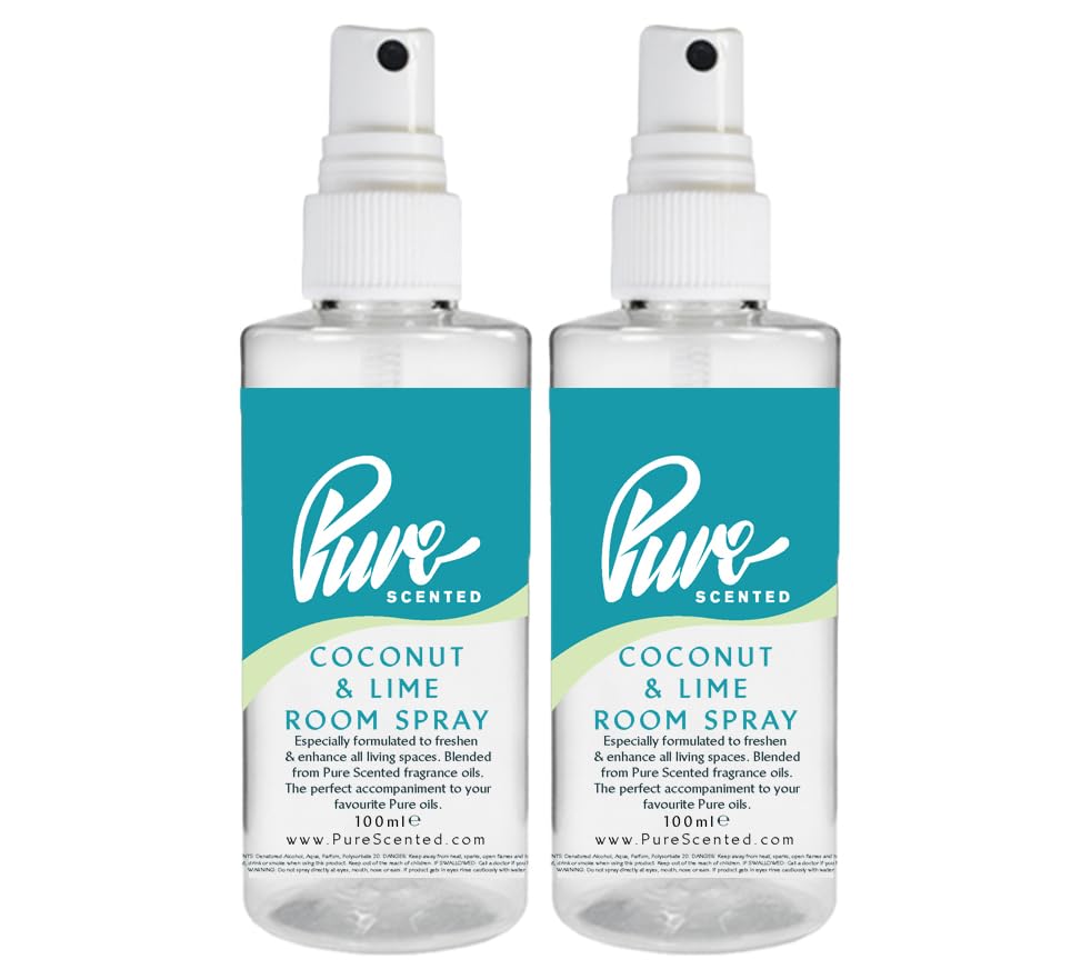 "Pure Scented 200ml Room & Fabric Sprays 2 x 100ml Suitable For Home, Car, Caravan, Work, Gym Bags, Odour Eliminators (2 x 100ml, Coconut & Lime)"