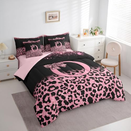Image of Feelyou Girls Bow Comforter Set Full Size 7 Pieces Glitter Leopard Print Bedding Set for Kids Boys Girls Initial Letter O Bed in a Bag with Comforter, Sheets, Pillowcases, Cushion Covers Bedroom Decor