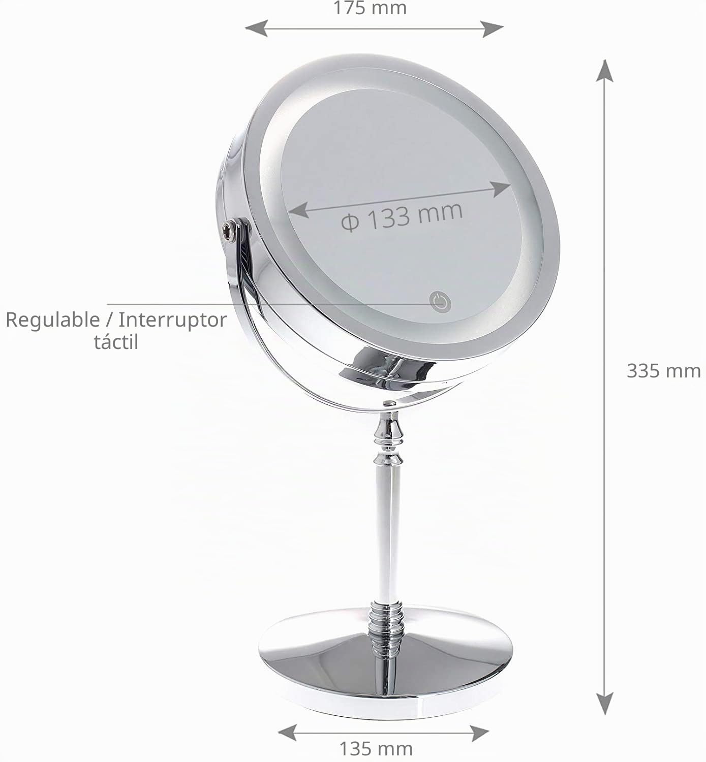 TUKA-i-AKUT Tacto LED Espejos Maquillaje con Luz, 7X Aumentos, 2 Caras Cosmética Afeitarse Espejos para Baño de Mesa, Batería/Enchufe Operado, Pantalla Táctil, Metal Cromado Reales, TKD3144N-7x
