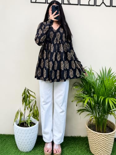 Image of Women's V Neck Anarkali Short Kurti for Women Full Sleeve Floral Print |Stylish Kurtis & Short Kurtis for Woman | Casual Kurti with Jeans | Kurtas for Woman