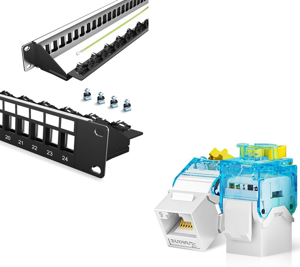 24-Port Blank Keystone Patch Panel for Rackmount Shielded 1U 19inch Network Patch Panel with Cable Support Bar&Enmane Cat6 Keystone Jack RJ45 Keystone Jack Tool-Less with Adjustable Ratchet Loc