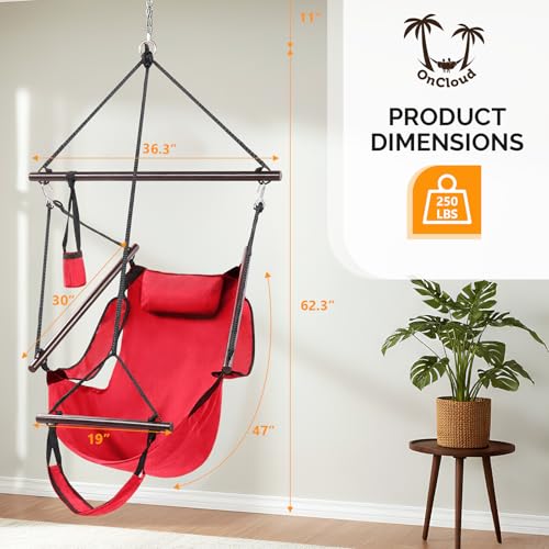 Image of ONCLOUD Hammock Chair Hanging Swing Seat Air Deluxe Rope Through Beech Wood Bars, Drink Holder & Fuller Pillow Safer Relax for Indoor Outdoor 250Lbs, Red