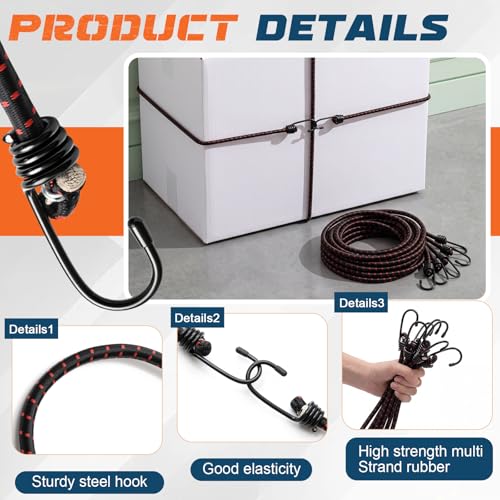 Image of 6 Pcs 96 Inch Extra Long Bungee Cords with Hooks 0.39 Inch Thick Heavy Duty Bungee Straps for Outdoors, Camping, Rvs, Bikes, Cargo (Black+red)