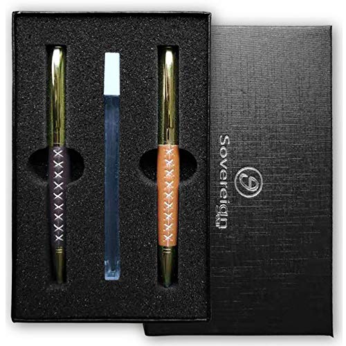 Leather Wrapped Ballpoint Pen and Pencil Set for Men and Women - Stylish Faux Leather and Gold Smooth Non Smudge Ink | 0.7mm Refill Leads | Light To Hold - Lovely Gift Box for Writers