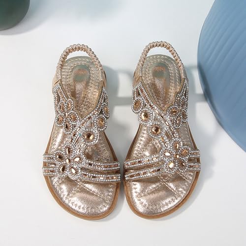 Girls Bohemian Crystal Flats Rhinestone Flat Sandals Kids Glitter Open Toe Elastic Ankle Strap Summer Beach Sandal2