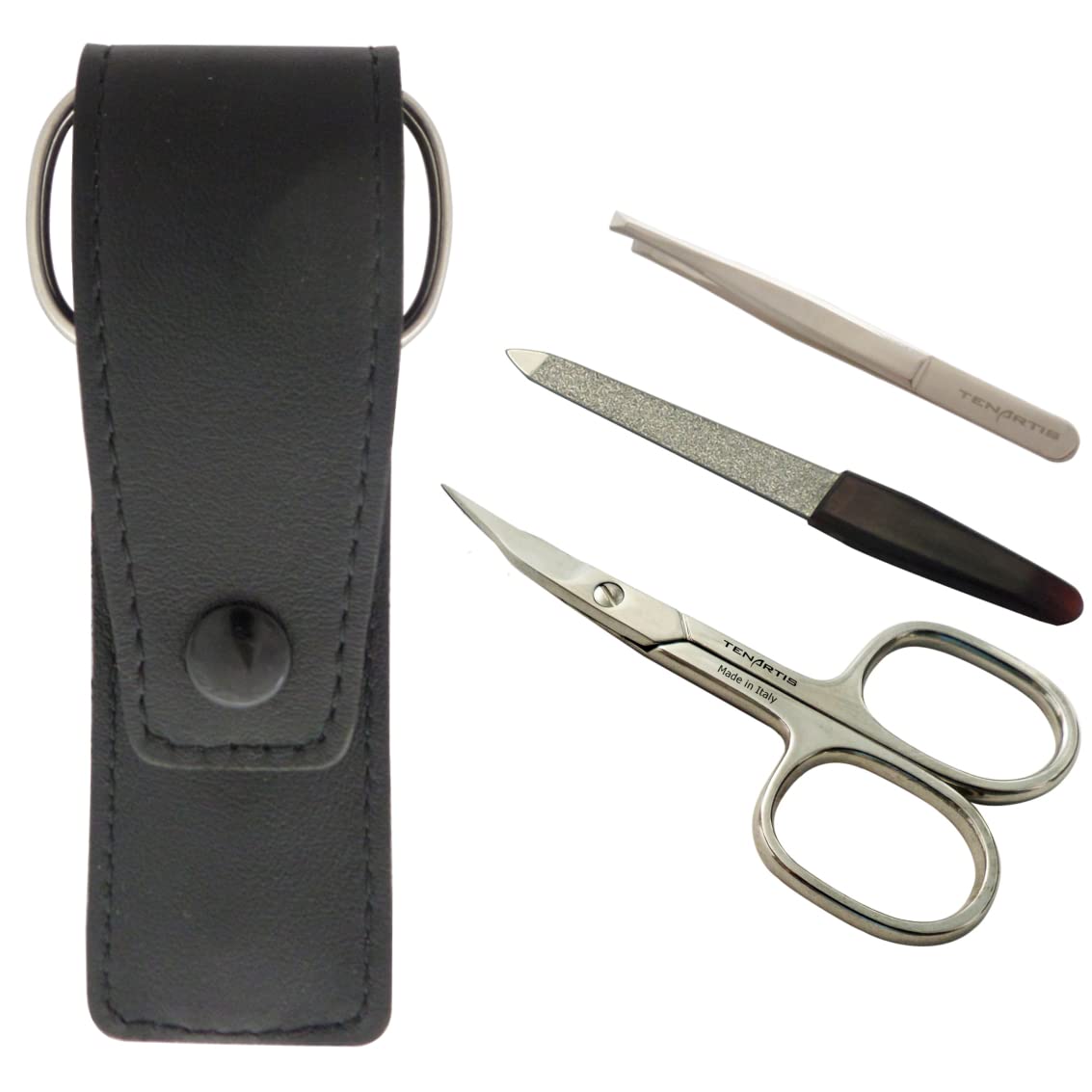 3-Piece Manicure Set including Nail Scissors, File & Tweezers in Genuine Leather Pouch - Tenartis Made in Italy (Black)