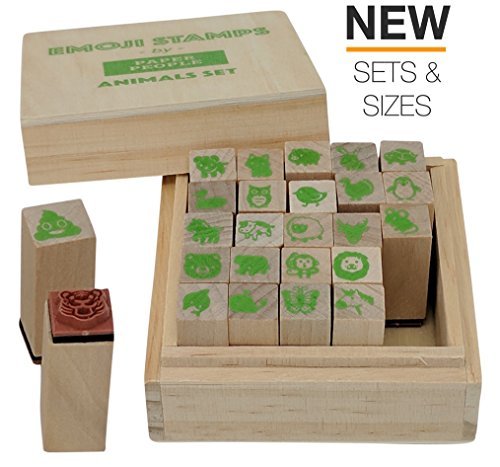 Emoji Animal Stamps 25 Pc Wood/Rubber Stamper Set - Cute Animal Gifts, Perfect for Animal Lover, Small Animal Stamps Include: Farm Animal, Jungle, Zoo, Dog, Cat, Owl, Monkey, Unicorn, Poo Stamps