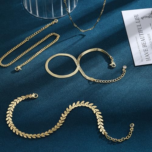 Image of Gold Ankle Bracelets for Women Waterproof,14k Gold Plated Anklet Set 4PCS Cuban Link Snake Chain Dainty Anklets Summer Beach Gift